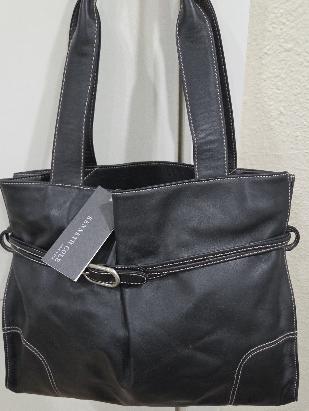 Kenneth Cole Black Leather Messenger Tote with Contrast Stitching